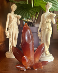 Modèle de krystal, adaptation Cornaline. Objet en silicone, souple d'un objet intime en forme de de krystal posé sur une bibliothèque en bois, s'intégrant dans le décor. Dans l'arrière plan sont deux statuettes grecque et une plant verte, flouté afin de garder le focus sur le krystal de la marque Playsir