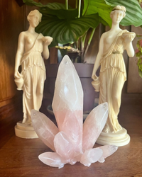 Modèle de krystal, adaptation Quartz rose. Objet en silicone, souple d'un objet intime en forme de de krystal posé sur une bibliothèque en bois, s'intégrant dans le décor. Dans l'arrière plan sont deux statuettes grecque et une plant verte, flouté afin de garder le focus sur le krystal de la marque Playsir