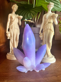 Photo de l'objet krystal de la marque Playsir, un objet intime décoratif fabriqué à la main avec du silicone certifié pour un usage sécurisé intime. krystal s'inspire de la lithothérapie et prend ici la forme d'un améthyste. Il est mis en scène sur une bibliothèque en bois massif devant deux statuettes grecques et une plante en pot.